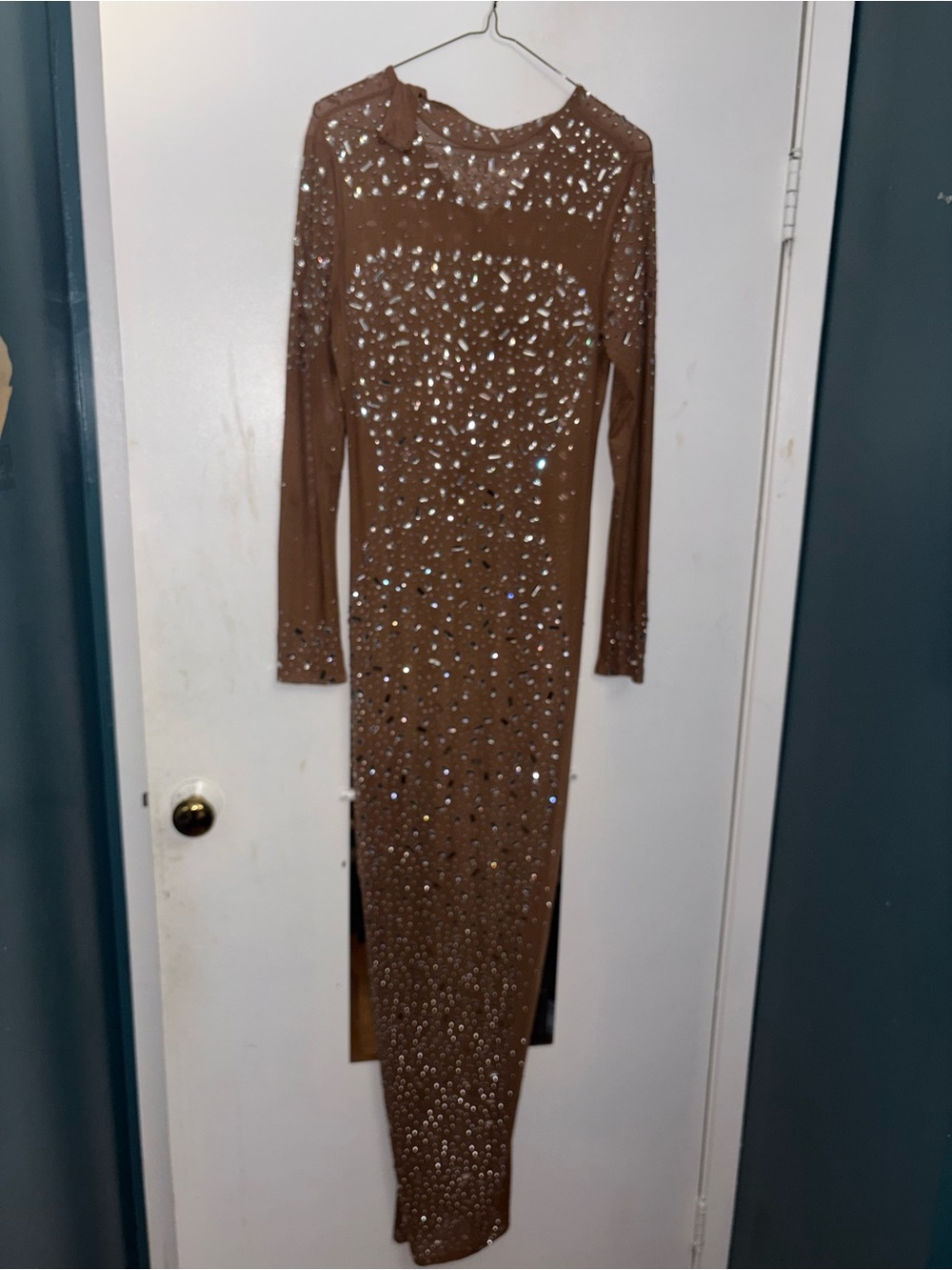 Embellished Long Sleeve Brown Evening Gown